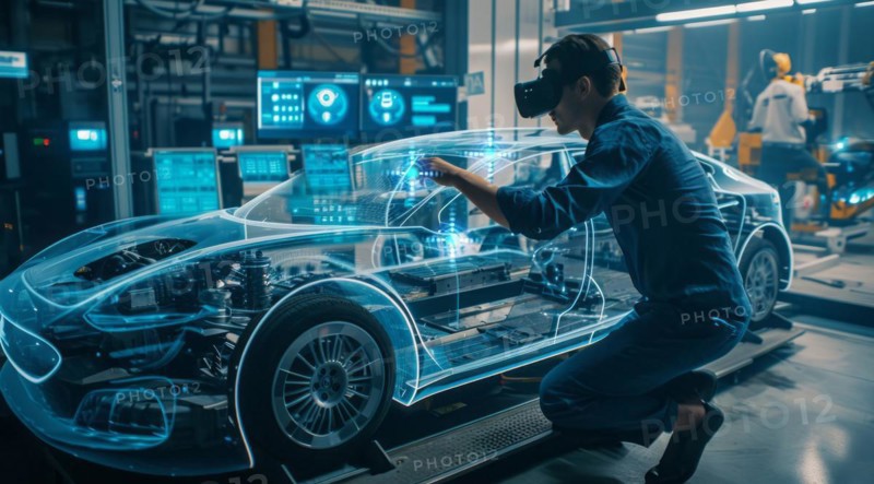 Team of engineers, visualization of future vehicle prototype 3D modeling in car production factory, AI generated