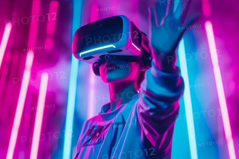 Video gaming player in VR headset playing virtual reality games in 3D VR equipment, AI generated