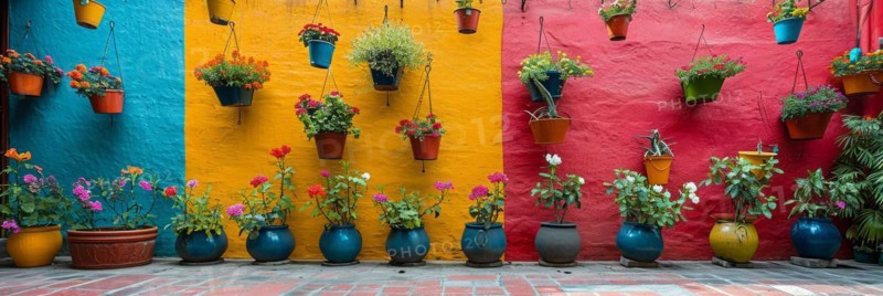Typical architecture of Mexican colonial colorful houses in historic city center, AI generated