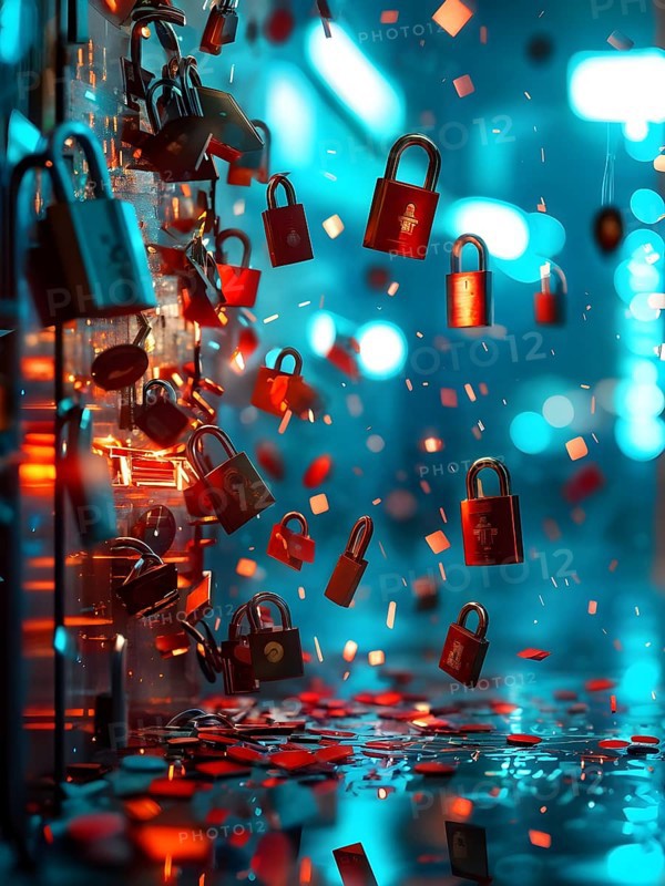 AI generated cyber attack on a bank depicted through a metaphor of shattered locks