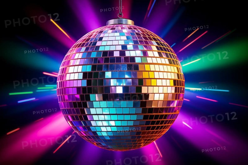 A disco ball is suspended from the ceiling at party in nightclub, reflecting the lights and creating a festive atmosphere, AI generated