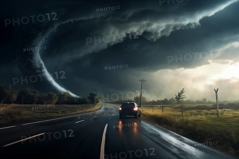 Disaster catastrophe storm concept, tornado in a field in the USA with car on road driving towards the storm in field under stormy dark sky, AI generated