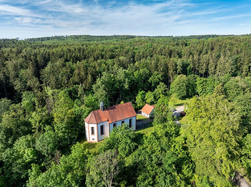 Aerial view of the Schenkenberg Chapel built in 1722, a pilgrimage chapel in a forest near Emmingen-Liptingen, district of Tuttlingen, Baden-Württemberg, Germany, Europe