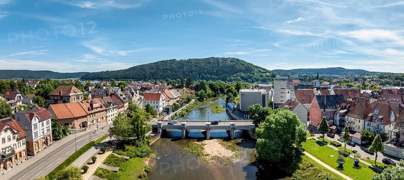 Aerial view, panorama from the town of Tuttlingen across the Danube to the Danube bridge Gross Bruck, built in 1914, on the horizon the Leutenberg, district of Tuttlingen, Black Forest, Baar, Heuberg, Baden-Württemberg, Germany, Europe