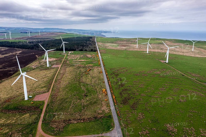 Drone hill windfarm west of St. Abbs, scottish east coast, aerial view, Scotland, UK