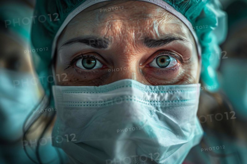 Close up of sad face of middle-aged nurse with surgical face mask. KI generiert, generiert, AI generated