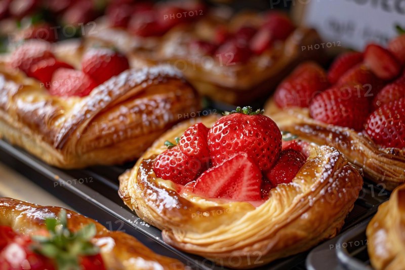 Close up of pastries with strawberry fruits. KI generiert, generiert, AI generated