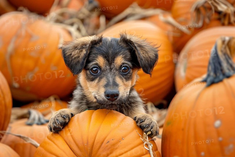 Close up of young dog puppy between large orange pumpkins in pumpkin patch. Generative Ai, AI generated
