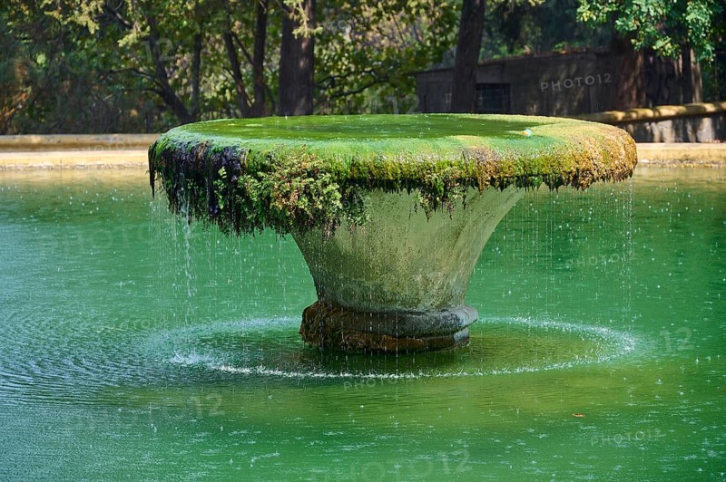 A moss-covered fountain in the centre of a green expanse of water surrounded by trees, Italian Governor's Palace, Ruins, Italian colonial settlement, Eleousa, Rhodes, Dodecanese, Greek Islands, Greece, Europe