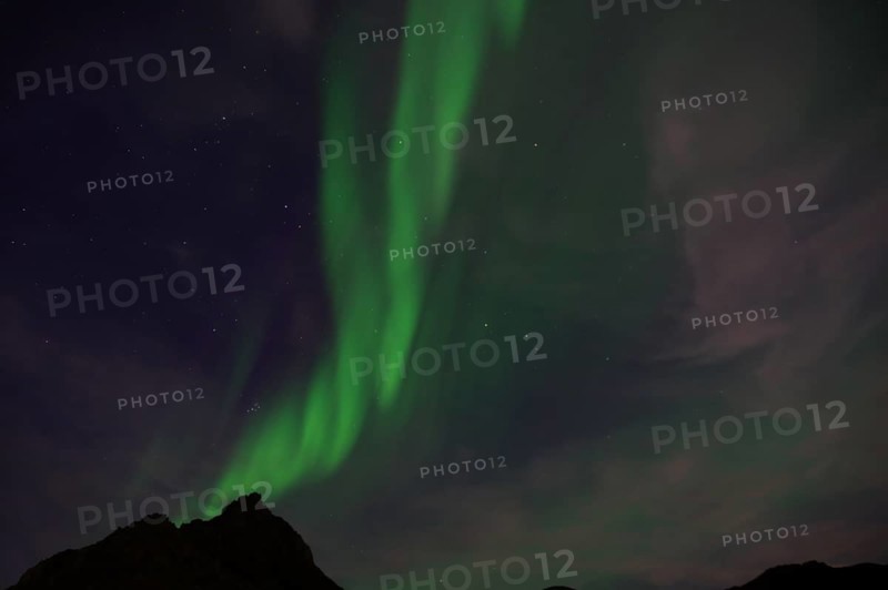 Green auroras over a dark mountain top in front of a sky covered with stars, winter, Nyksund, Langoya, Vesteralen, Nordland, Norway, Europe