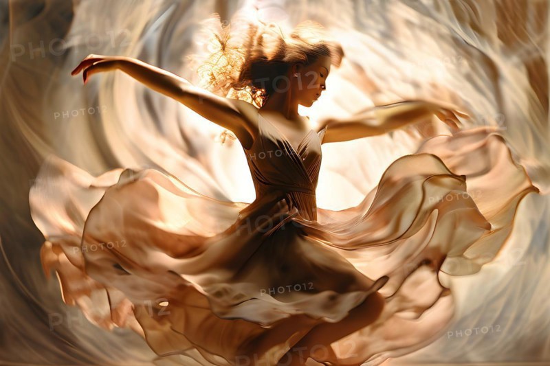 AI generated vintage photograph capturing a dancer in mid twirl movements traced with modern digital effects