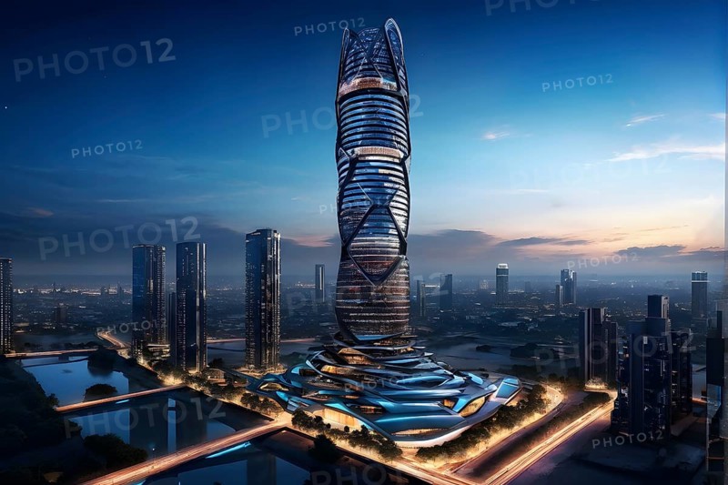 Futuristic skyscraper with termite mounds for natural ventilation and energy efficiency, AI generated