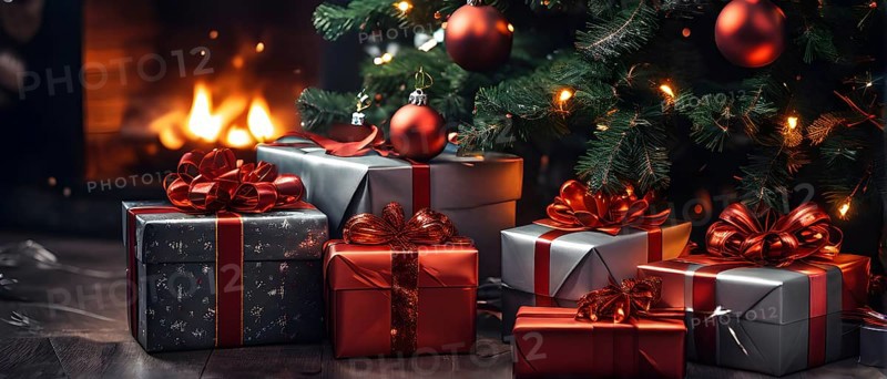 Beautiful wrapped Christmas gifts with shiny ribbons and bows stacked under a evergreen tree in a cozy living room, AI generated