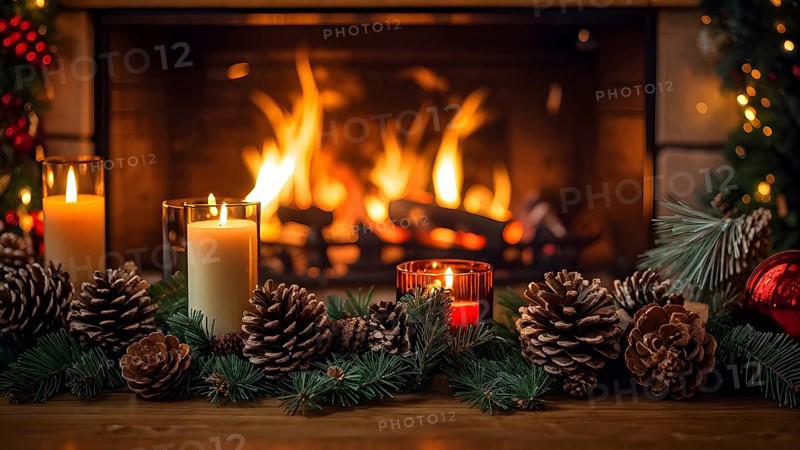 A cozy fireplace mantle decorated with pine cones, garlands, and lit candles, with a close-up focus on a burning candle flame, AI generated