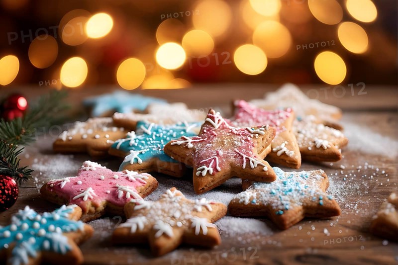 A detailed shot of Christmas cookies on a wooden table, featuring star-shaped cookies with colorful icing, sprinkles, and powdered sugar, AI generated