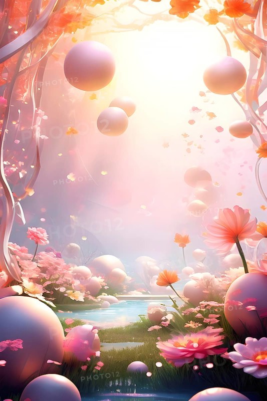 Surreal Easter scene with floating eggs, ribbons, and flowers in a dreamlike, whimsical composition of light and shadow, AI generated