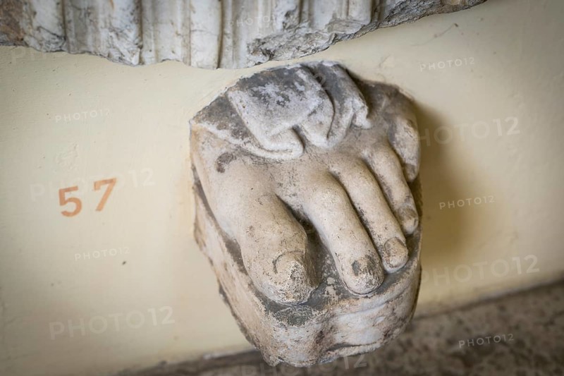 Left front foot with garment hem, fragment of a life-size statue, Städtisches Lapidarium, City of Stuttgart, Baden-Württemberg, Germany, Europe