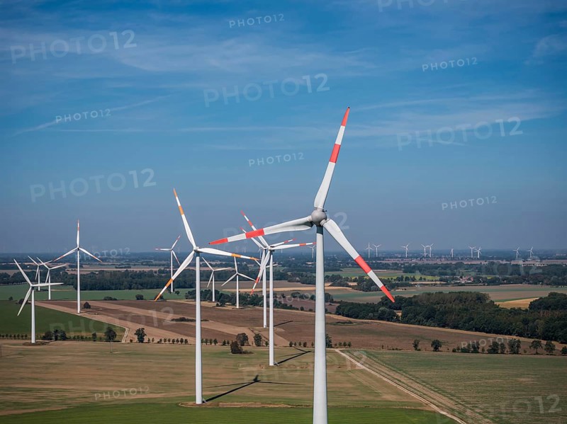 Wind farm near Anklam, drone photo of wind turbines, Sarnow, Mecklenburg-Western Pomerania, Germany, Europe