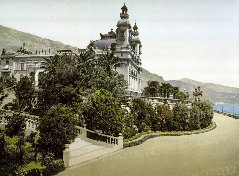 Entrance to the casino, Casino, with Cap Martin, Monaco, Monte Carlo, Riviera, around 1895, Historical, digitally restored reproduction from a 19th century original, Record date not stated, Europe