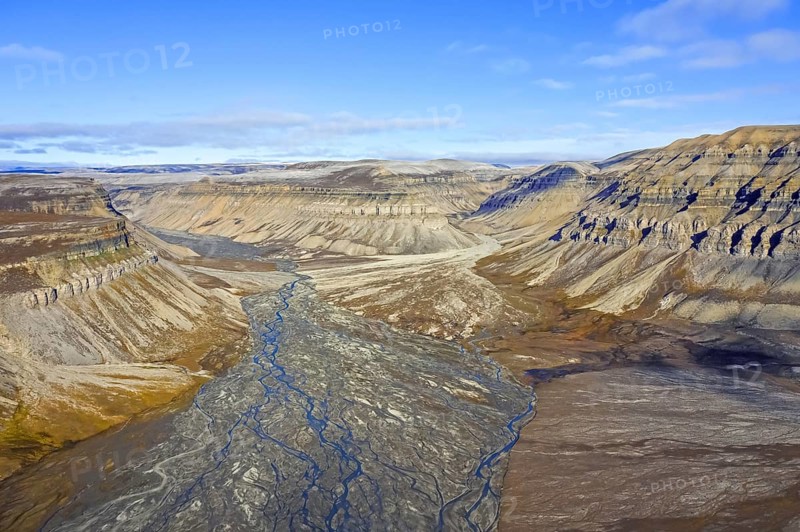 Aerial view over river delta at Skansbukta in the outer Billefjorden, Billefjord, southeast of Dickson Land, Svalbard, Spitsbergen, Norway, Europe