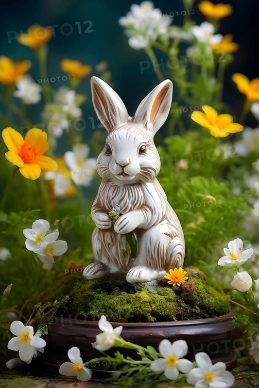 Vintage porcelain rabbit figurine surrounded by small, colorful spring flowers and soft moss, AI generated