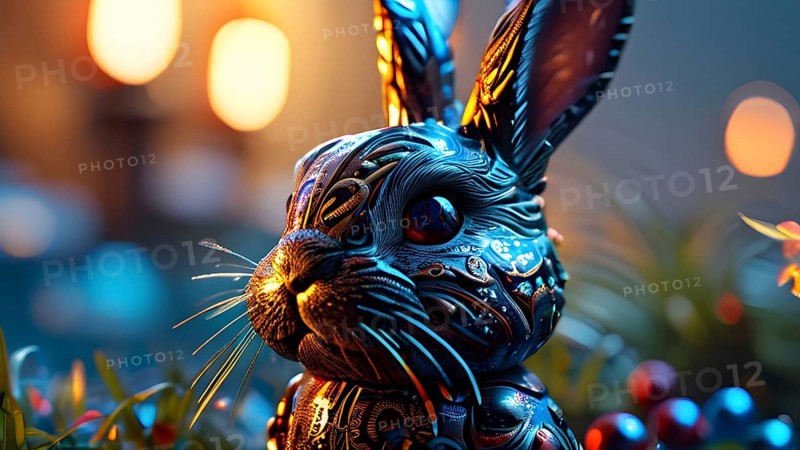 Easter bunny figurine made of chocolate, with a soft focus on intricate patterns and glossy textures, AI generated