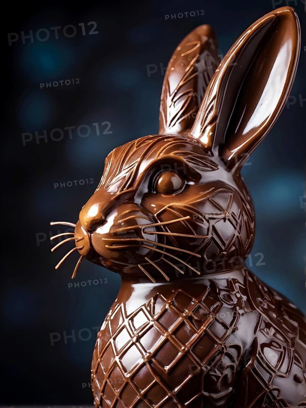 Easter bunny figurine made of chocolate, with a soft focus on intricate patterns and glossy textures, AI generated