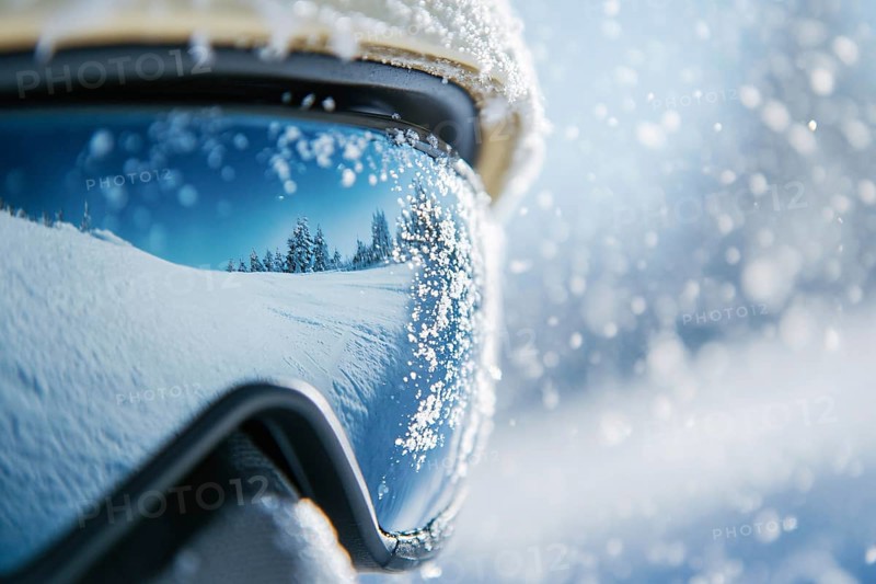 Close up of person's face with large skiing sunglasses with snow in winter. Generative Ai, AI generated