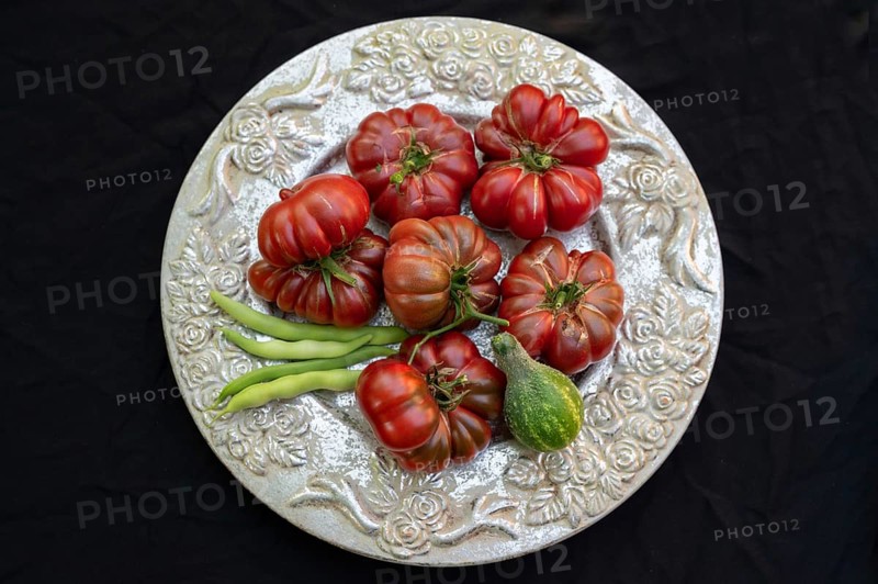 Tomatoes, ox hearts and a Vorgebirgstrauben pickled cucumber on a decorative plate on a black background, Baden-Württemberg, Germany, Europe