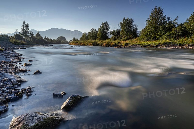 Rapids in a river, morning light, mountains, long exposure, Loisach, near Großweil, Bavaria, Germany, Europe