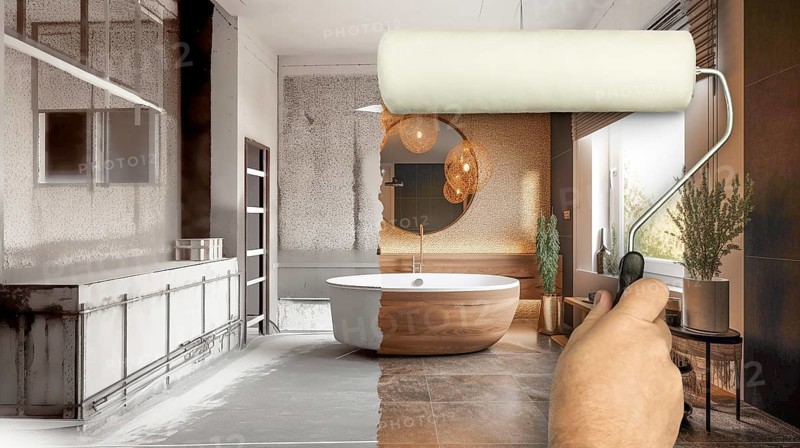 Before and after of man using painting roller to reveal newly remodeled master bathroom under unfinished construction zone, AI generated