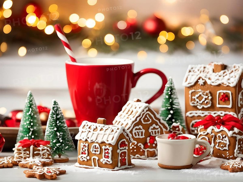 Kitchen counter filled with Christmas cookies, gingerbread houses, and mugs of hot chocolate, with festive decorations, AI generated