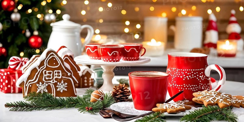 Kitchen counter filled with Christmas cookies, gingerbread houses, and mugs of hot chocolate, with festive decorations, AI generated