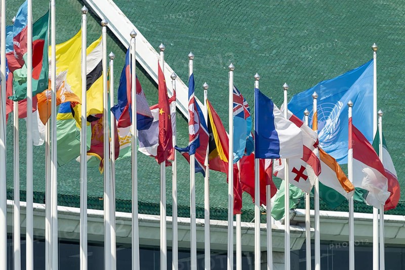 Many flags in front of the United Nations Conference Centre, Bangkok, Thailand, Asia