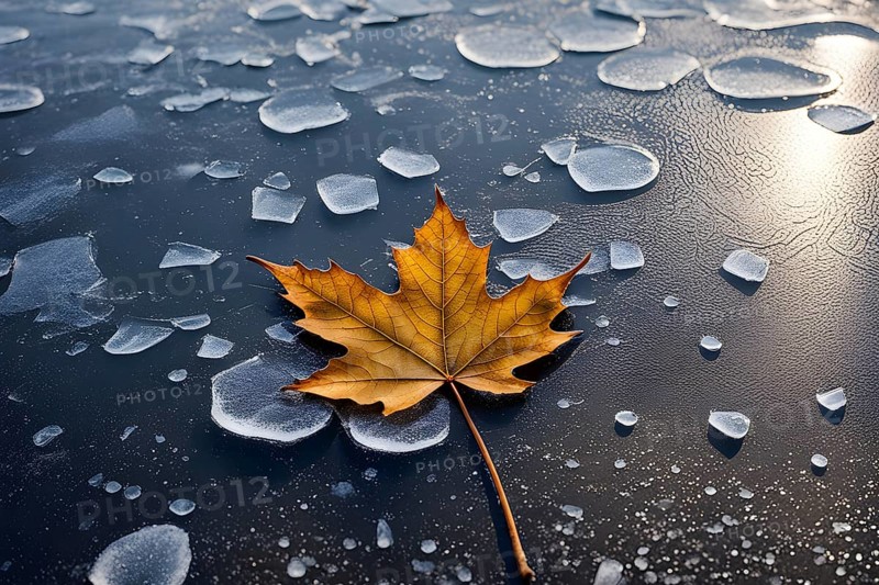 Delicate leaf resting on the surface of a frozen puddle, with intricate ice crystals forming beneath it, captured in soft, natural light, AI generated