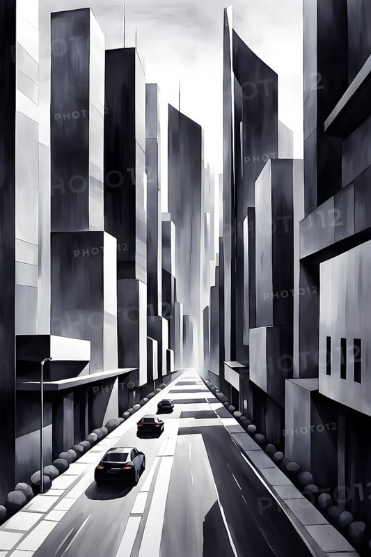 Modern city skyline using clean lines and geometric forms, with rectangular buildings and smooth, curved roads in a monochromatic color palette of grey, black, and white, AI generated