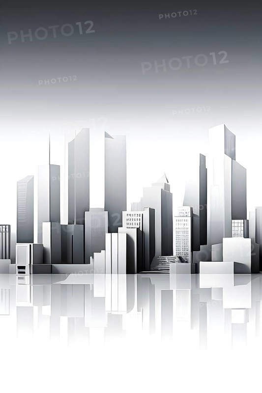 Modern city skyline using clean lines and geometric forms, with rectangular buildings and smooth, curved roads in a monochromatic color palette of grey, black, and white, AI generated