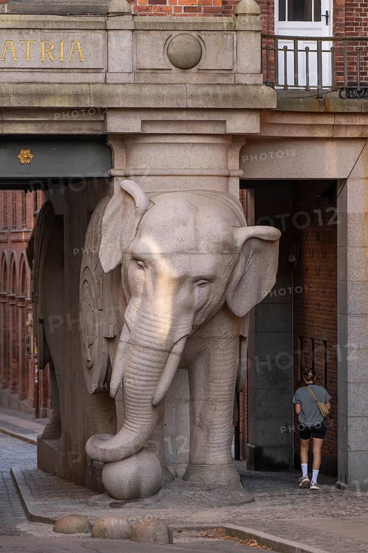 Pedestrian walking past monumental stone elephant, Elephant Gate or Elephant Portal or Elefantporten, by architect Vilhelm Dahlerup, Carlsberg district, Copenhagen, Denmark, Europe