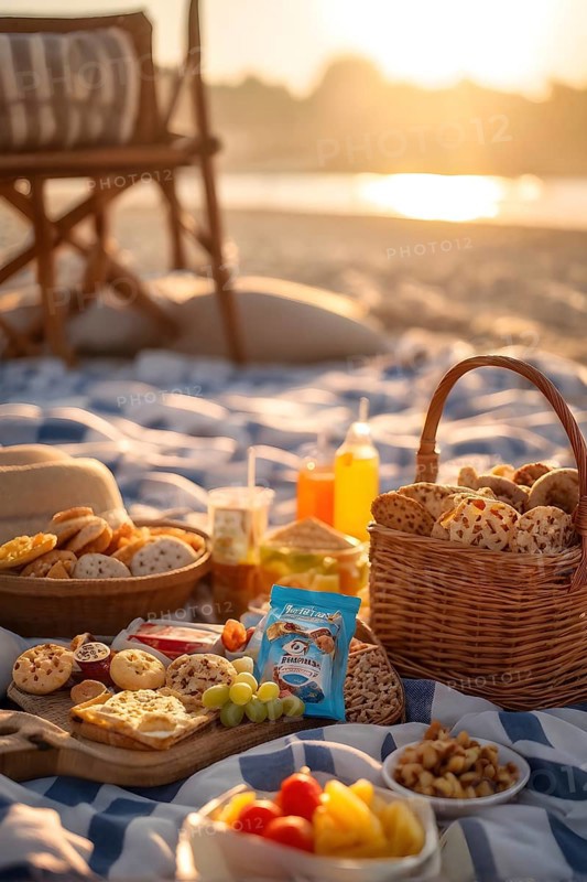 Picnic scene with healthy food and snacks on a sunny sandy beach, AI generated