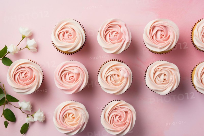 Top view of cupcakes with pink rose flower shaped crream frosting. KI generiert, generiert, AI generated