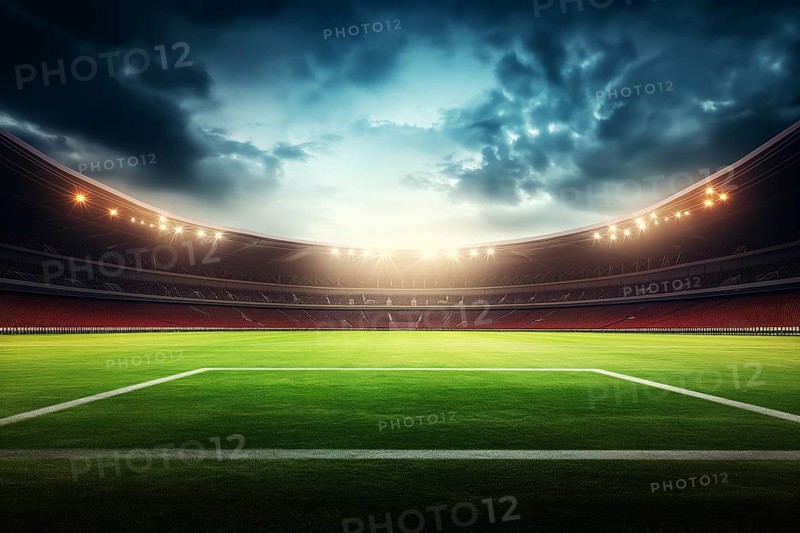 A soccer field with a large crowd of people watching the game. The stadium is lit up with bright lights, creating a lively atmosphere, AI generated