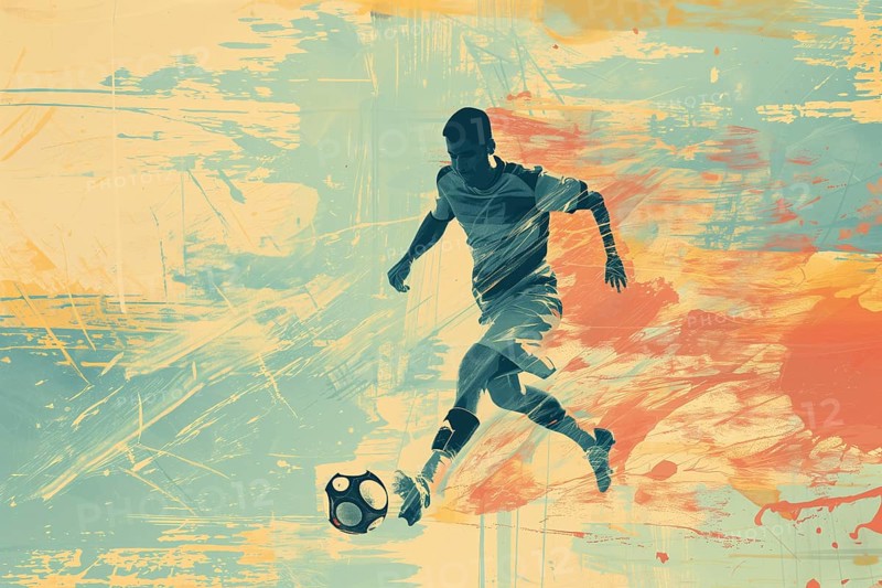 A soccer player dribbles and kicks a soccer ball. Abstract vintage grungy poster style with muted colors, AI generated
