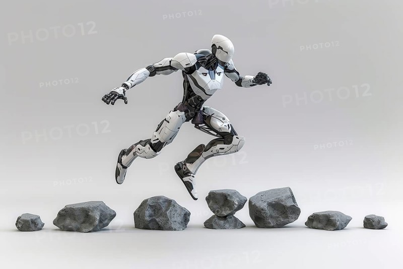 Futuristic humanoid cyborg running and jumping over rocks in front of a white background, AI generated