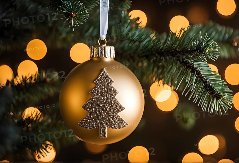 Christmas ornament hanging on a tree, with reflections of twinkling lights and fireplace flames flickering in the background, AI generated
