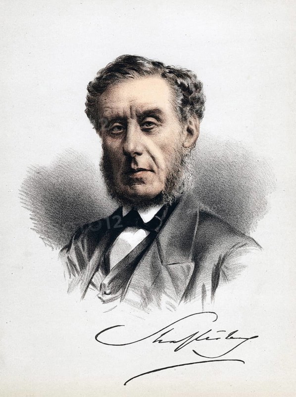 Anthony Ashley Cooper, 7th Earl of Shaftesbury (1801-1885), c. 1880. English statesman, moral philosopher, philanthropist and factory reformer. He pushed a series of reform bills through Parliament, including the Factory Acts of 1847, 1850 and 1859, which introduced a 10-hour working day, and the Coal Mines Act of 1842, which banned the underground employment of woman and children under the age of 13. From the Modern Portrait Gallery. (London, ca. 1880) . Coloured collotype