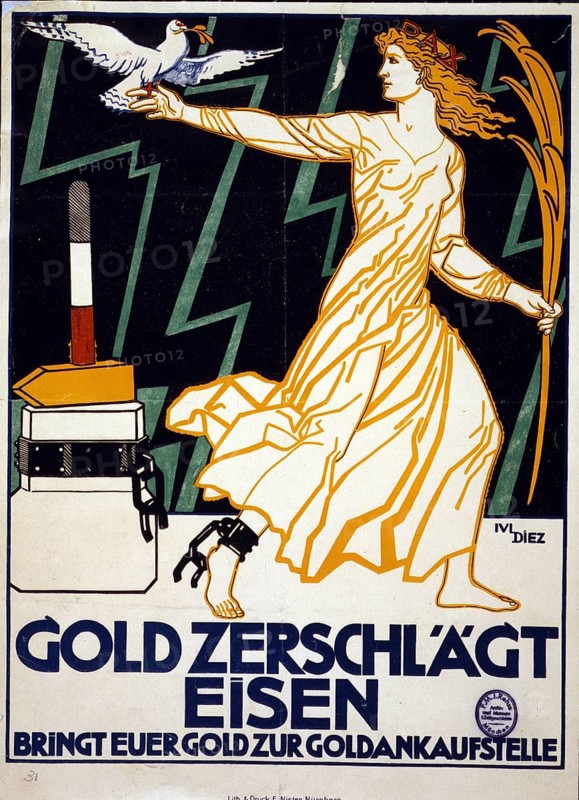 A woman representing peace carries a dove and a golden palm and walks away from the block from which she was freed with a golden hammer. Gold breaks iron Take your gold to a gold dealer. Poster, ca. 1919. lithograph