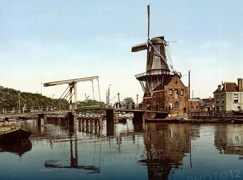 St Catherine's Bridge and Windmill, Haarlem, Holland, ca 1895, Historical, digitally restored reproduction from a 19th century original, Record date not stated