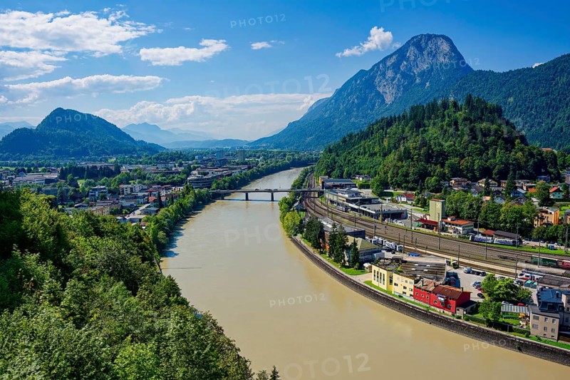 View from Kufstein Fortress of Kufstein, the River Inn and Mount Pendling, Kufstein, Tyrol, Austria, Europe
