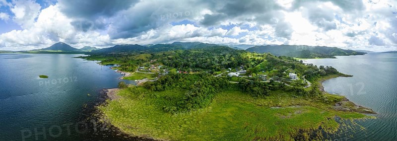 Aerial view, panorama of Arenal Volcano at Lago Arenal, Puntarenas, Costa Rica, Central America