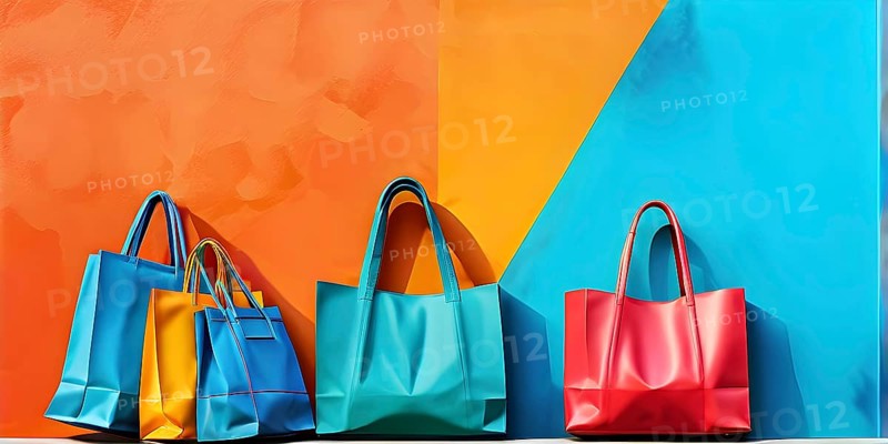 Assorted vibrant shopping bags lined up in front of a colored background, AI generated